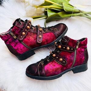Red velvet steampunk ankle boots